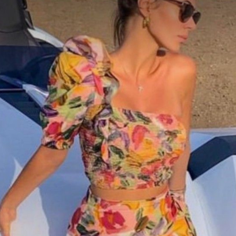 Zara Yellow Multi-Color Floral One-Shoulder Crop Top